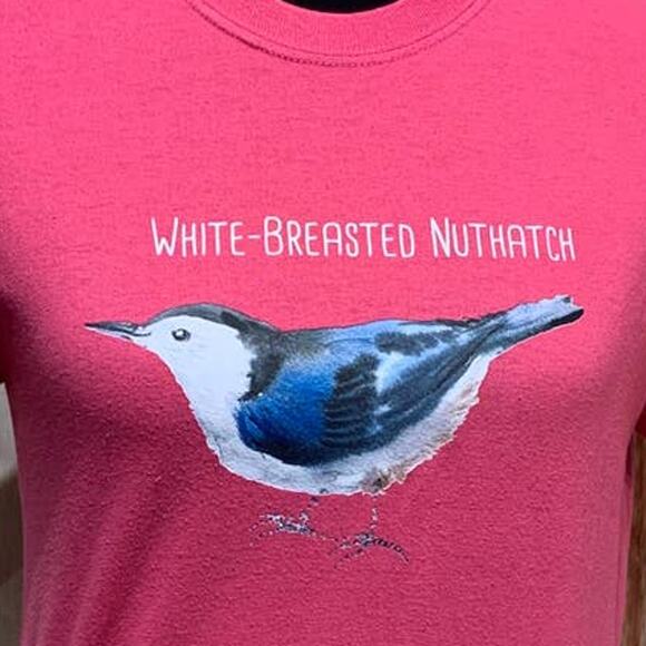 Wingspan Inspired Womens Small Watercolor White Breasted Nuthatch Upcycled Tee - Picture 2 of 4